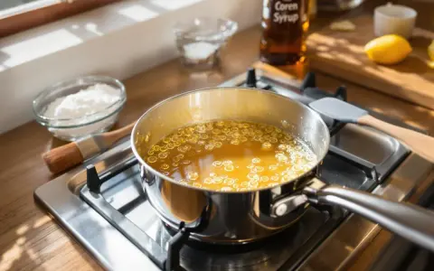 Une casserole de liquide doré bouillonne sur la cuisinière. Des ingrédients comme du sucre glace et un citron sont à proximité, suggérant une recette. Apprenez comment enlever du caramel dans une casserole.