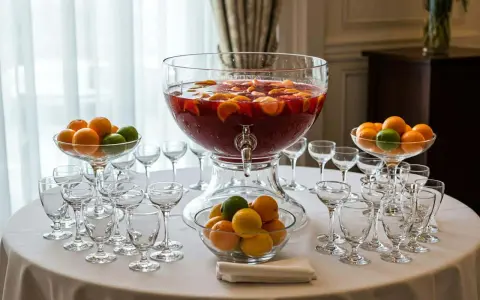 Un grand punch Lafayette débordant de fruits, entouré de verres et de bols d'oranges et de citrons verts, prêt pour une fête.