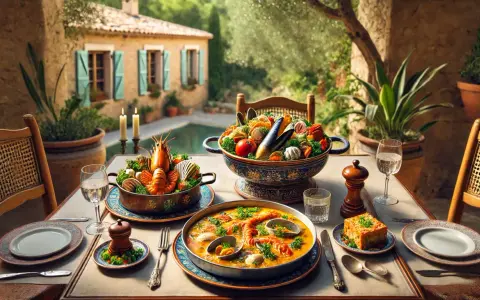 Un festin de fruits de mer et de légumes, un vrai repas provençal, servi sur une terrasse ensoleillée avec une piscine en arrière-plan.