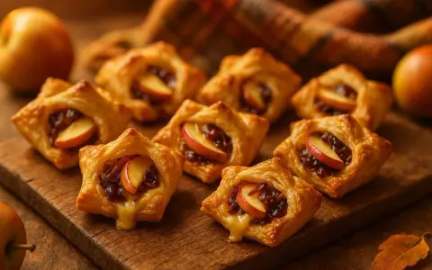 Petits fours salés en pâte feuilletée, garnis de pommes caramélisées et d'un soupçon de fromage fondant. Parfaits pour un apéritif gourmand.