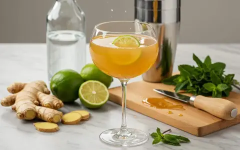 Un cocktail gingembre rafraîchissant, garni d'une tranche de citron vert, avec du gingembre frais, des citrons verts et de la menthe disposés autour.