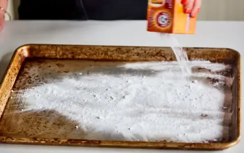 Saupoudrer du bicarbonate de soude sur une plaque de four brûlée. Une astuce pour savoir comment enlever du brûlé sur une plaque de four.