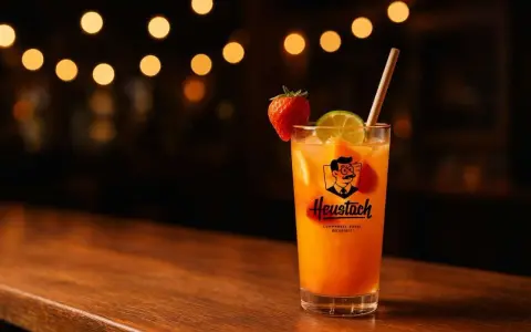 Un verre de punch sans alcool, garni de fruits frais et d'une paille, sur un bar en bois, avec des lumières douces en arrière-plan.