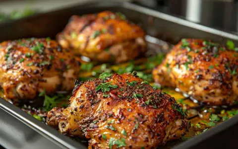 Quatre morceaux de poulet rôtis, parsemés de persil frais, parfaits pour une recette poulet froid pour buffet.