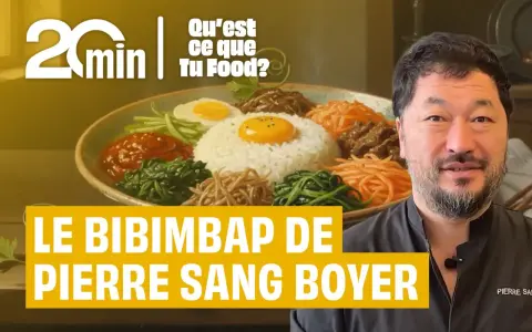 Le bibimbap de Pierre Sang Boyer, un plat coréen coloré avec riz, légumes et œuf.