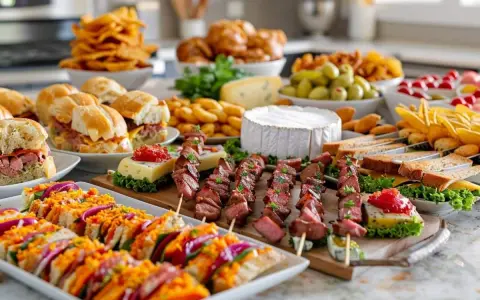 Un festin de petit four apéro : brochettes de viande, mini-sandwichs, fromages, olives et chips. Parfait pour un apéritif convivial.