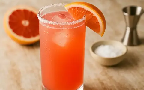 Un verre de Paloma, cocktail rose vif, garni d'une tranche de pamplemousse et de sel. La recette est simple et rafraîchissante.