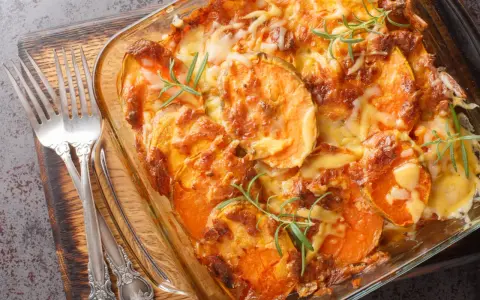 Gratin de patates douces au fromage, prêt pour un repas d'anniversaire. Deux fourchettes argentées sont posées sur le côté.