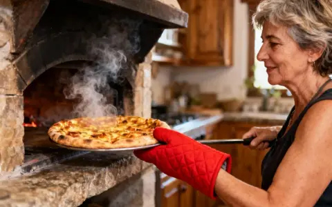 Une femme sort une pizza dorée d'un four à bois. La vapeur s'échappe, promettant un délice à cuire.