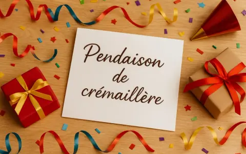 Carte "Pendaison de crémaillère" entourée de cadeaux, confettis et serpentins. Idéal pour organiser une crémaillère festive !