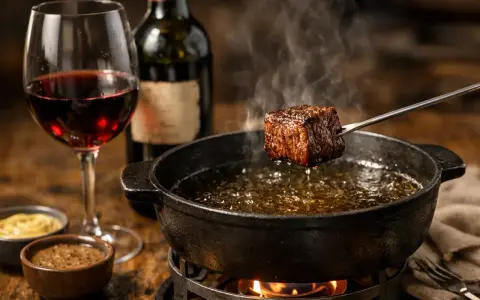 Un morceau de bœuf est plongé dans l'huile bouillante d'une fondue bourguignonne. Un verre de vin rouge et des sauces accompagnent ce plat savoureux.