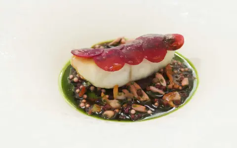 Un poisson blanc délicat, garni de fines lamelles de betterave rouge, repose sur un lit de grains de riz noir et de morceaux de poulpe, le tout nappé d'une sauce verte vibrante. Une œuvre d'art culinaire, un de ces mets d'exception.