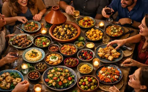 Un groupe d'amis partage un déjeuner convivial autour d'une table remplie de plats variés et colorés.
