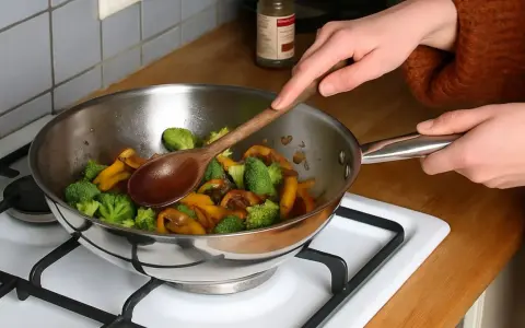 Une personne remue des légumes dans une poêle en inox alimentaire avec une cuillère en bois.