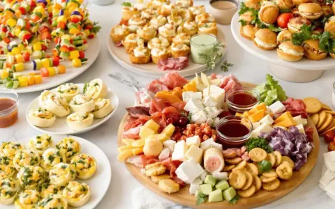 Plateau de petits fours salés froids : brochettes de légumes colorés, roulés, mini-sandwichs et assortiment de fromages et charcuteries.