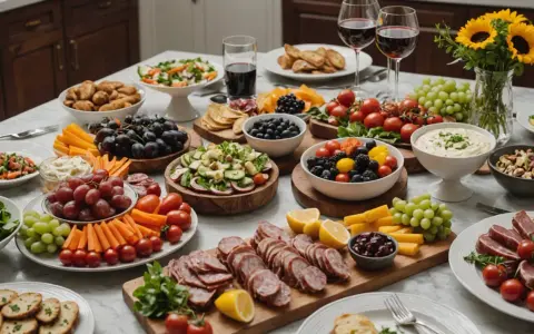 Un apéritif dinatoire généreux : charcuteries, fromages, fruits frais, légumes croquants et dips variés, prêt à régaler.