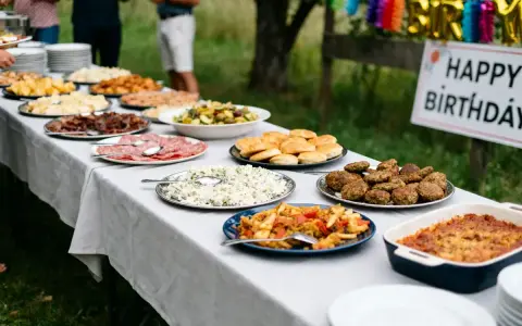 Buffet d'anniversaire en plein air : salades, charcuterie, boulettes et gratins composent ce repas d'anniversaire original et pas cher.