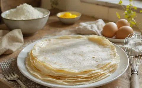 Une pile de crêpes de riz fines et dorées, saupoudrées de sucre glace, prêtes à être dégustées. Des ingrédients pour les préparer sont disposés autour.