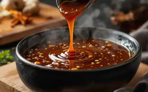 Une sauce épaisse et brillante, probablement une marinade teriyaki, coule d'un pichet dans un bol. Des bulles dorées flottent à la surface.