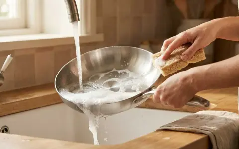 Main d'une personne nettoyant une poêle Tefal avec du vinaigre blanc et une éponge sous un robinet d'eau savonneuse.
