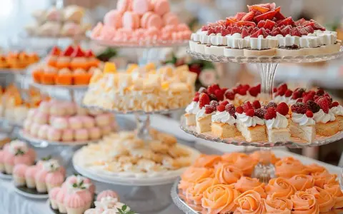 Un magnifique buffet dessert avec macarons roses, tartes aux fruits rouges et gâteaux individuels garnis de crème et de fruits.