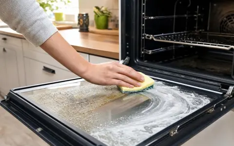Main d'une personne nettoyant la vitre d'un four avec une éponge, laissant une trace blanche de produit nettoyant.