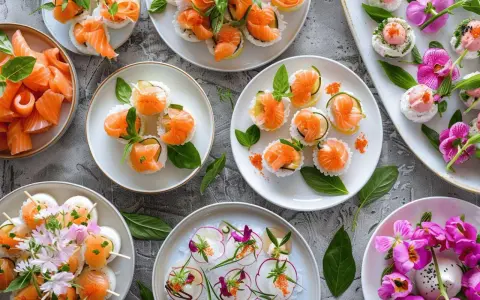 Idée entrée froide mariage : assortiment de sushis et makis raffinés, décorés de saumon, œufs de poisson, herbes fraîches et fleurs comestibles.