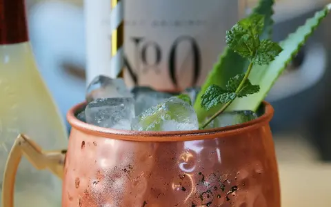 Un Moscow Mule rafraîchissant dans sa tasse en cuivre, garni de menthe et d'une tranche d'agrume.