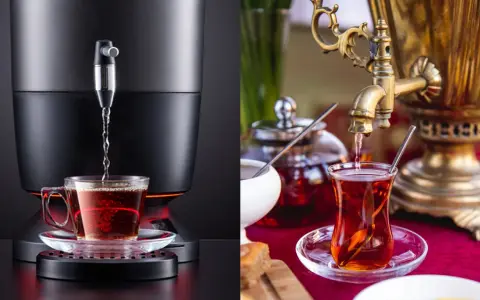 Comparaison de deux méthodes de préparation du thé : un samovar traditionnel et un distributeur moderne. Le samovar fonctionnement est illustré par un robinet doré versant du thé dans un verre.