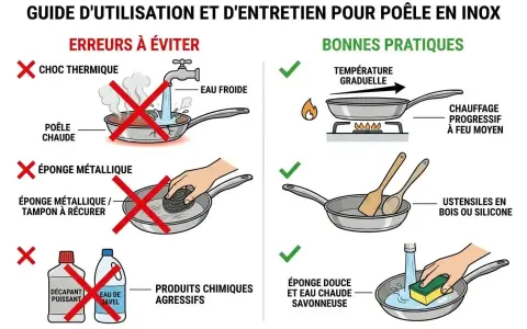 Guide pour nettoyer dessous poêle en inox : éviter choc thermique, éponge métallique et produits agressifs. Privilégier chauffe progressive, ustensiles bois/silicone et éponge douce.