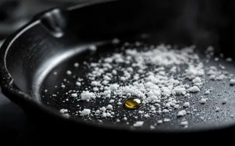 Goutte d'huile dorée sur une **casserole noircie** saupoudrée de sel. Prête pour une cuisson savoureuse.