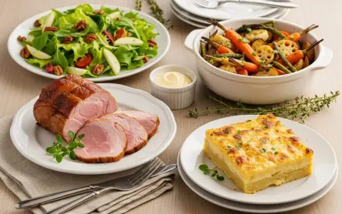 Un rôti de porc tranché, servi avec une salade verte, des légumes rôtis et un gratin dauphinois. Parfait accompagnement froid pour viande.