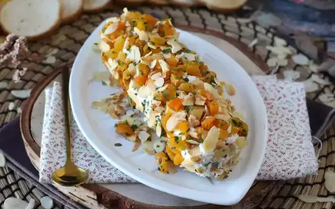 Roulé de fromage frais aux fruits secs et amandes effilées, une idée gourmande pour vos entrées de Noël.