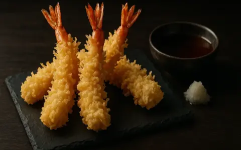 Trois crevettes tempura dorées et croustillantes, servies avec une sauce et du radis râpé. Un délice à savourer !