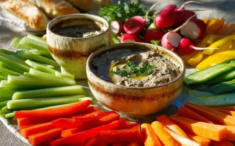 Assiette colorée de crudités avec deux bols d'anchoïade recette traditionnelle, pain et radis.