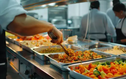 Un cuisinier sert des plats colorés dans des bacs GN 2/1. Des légumes frais et des céréales composent ce buffet appétissant.