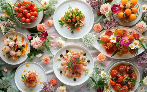 Un magnifique repas de mariage avec des assiettes colorées, des tomates cerises et des fleurs.