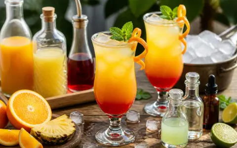 Deux cocktails sans alcool anniversaire aux couleurs vives, garni de menthe et d'écorce d'orange, avec des fruits frais et des jus en arrière-plan.