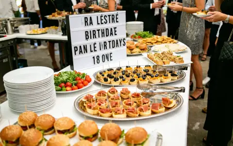 Buffet anniversaire ado 18 ans : mini-burgers, tartines, brochettes et salade fraîche. Une fête réussie !