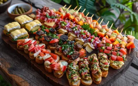 Un plateau garni de bruschettas variées et de brochettes colorées, parfait pour un apéro pas cher pour 20 personnes.