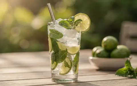 Un verre de cocktail sans citron, rempli de glaçons, menthe fraîche et rondelles de citron vert, sur une table en bois.
