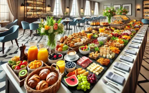 Un somptueux buffet petit déjeuner avec viennoiseries, fruits frais, jus d'orange, café et fromages.