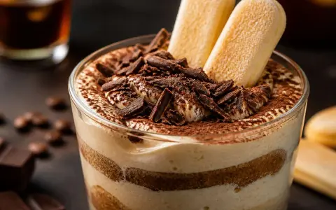 Un délicieux tiramisu, avec des couches de biscuits à la cuillère imbibés de café et de crème, saupoudré de cacao et garni de copeaux de chocolat noir. Un vrai plaisir moka chocolat.