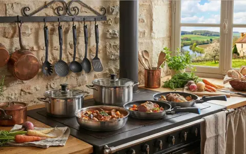 Cuisine rustique avec ustensiles en cuivre et acier inoxydable, montrant l'avantage acier inoxydable pour une cuisson parfaite. Paysage bucolique en arrière-plan.