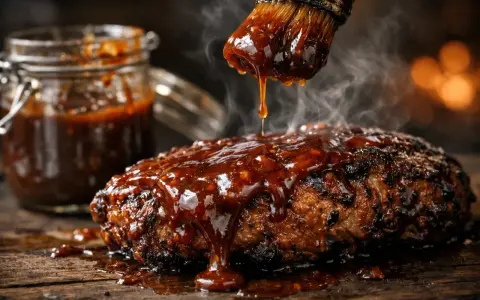 Un pinceau dépose une sauce pour barbecue brillante et fumante sur un plat de viande grillée. Un pot de sauce est visible en arrière-plan.