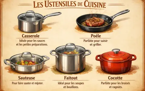 Illustration des ustensiles de cuisine. La différence entre cocotte et faitout est claire : la cocotte est rouge et idéale pour les braisés, le faitout est argenté pour soupes et bouillons.
