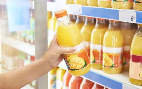 Une main choisit une bouteille de ce qui semble être le meilleur jus de fruit, avec des mangues et des ananas sur l'étiquette.