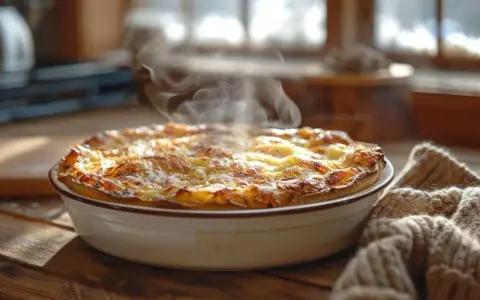 Un plat gratiné et fumant sort du four, prêt à être dégusté. La chaleur s'échappe doucement, promettant un délice réconfortant.