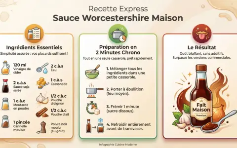 Recette de sauce Worcestershire maison : vinaigre, sauce soja, cassonade, épices. Un délice rapide à préparer !