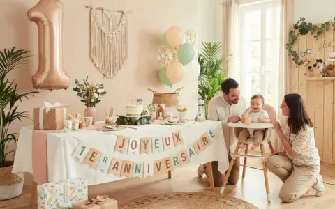 Une famille célèbre la fête découverte bébé avec un gâteau, des ballons et une bannière "Joyeux 1er Anniversaire".